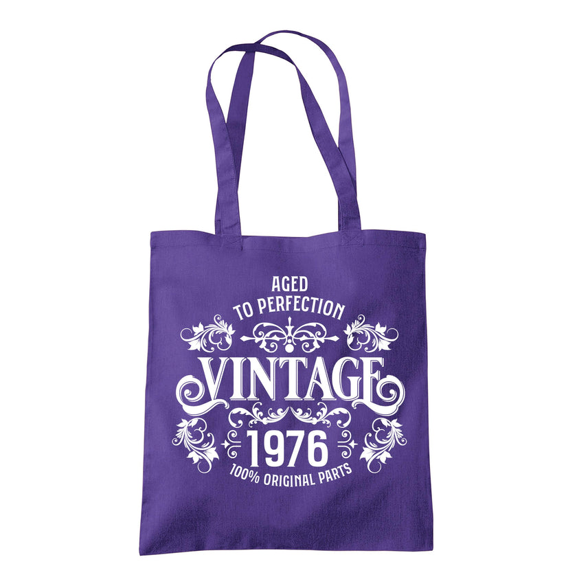 Vintage 1976 Aged to Perfection 50th birthday tote bag in purple
