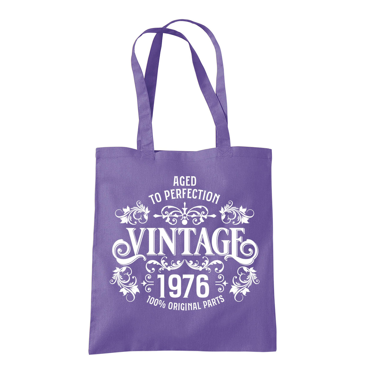 Vintage 1976 Aged to Perfection 50th birthday tote bag in violet