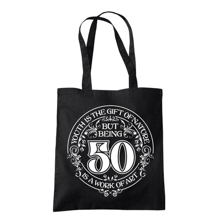 Being 50 is a Work of Art 50th birthday tote bag in black