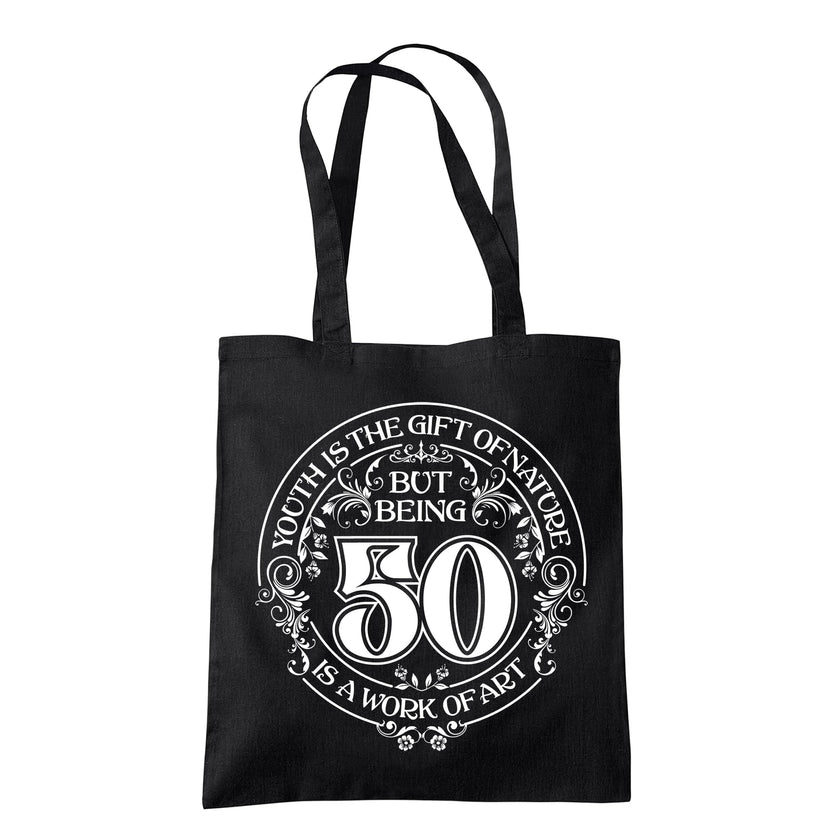 Being 50 is a Work of Art 50th birthday tote bag in black