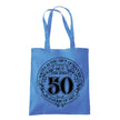 Being 50 is a Work of Art 50th birthday tote bag in cornflower blue