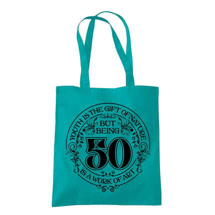 Being 50 is a Work of Art 50th birthday tote bag in emerald