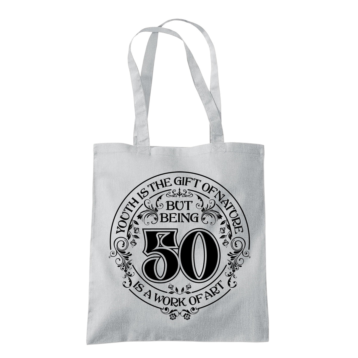 Being 50 is a Work of Art 50th birthday tote bag in light grey