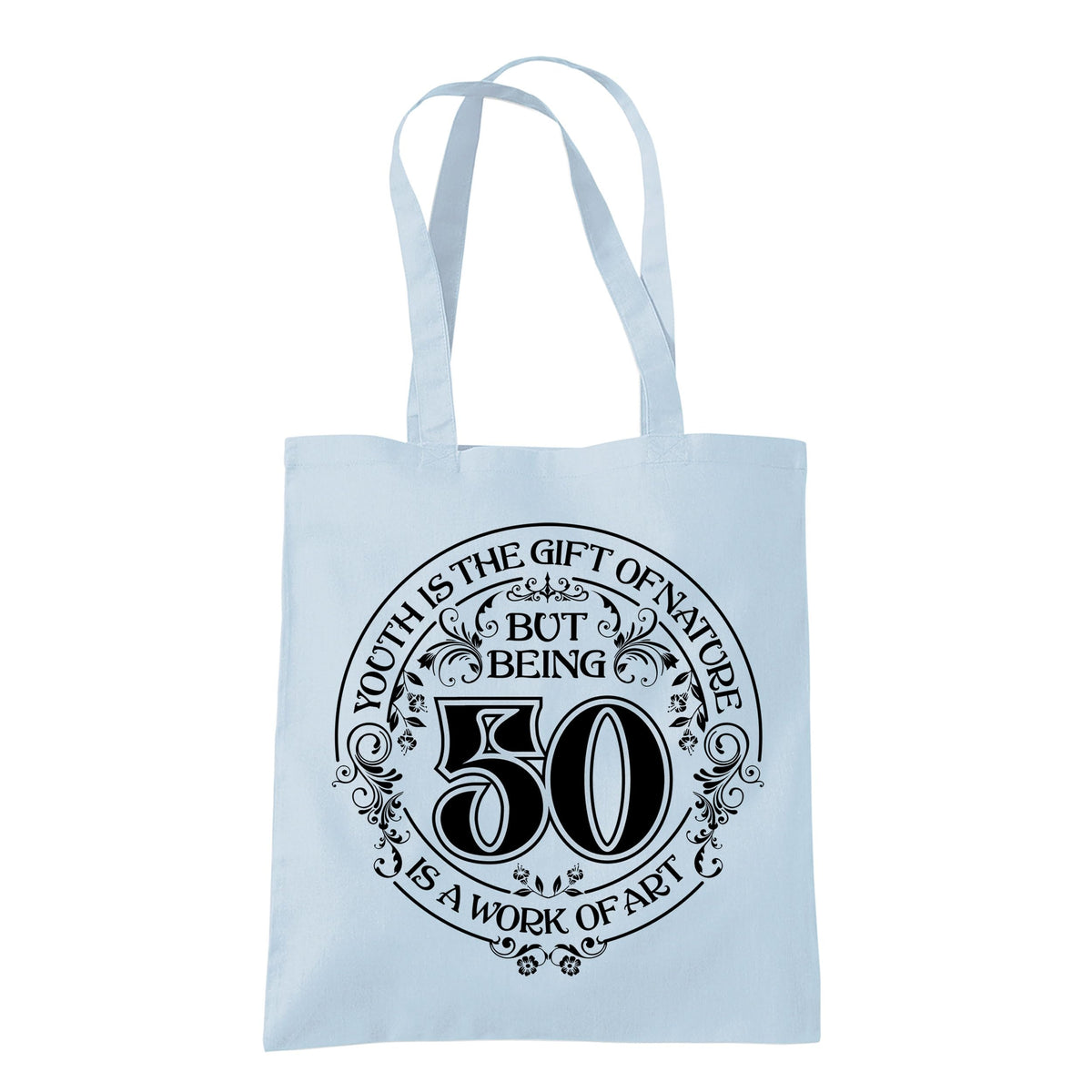 Being 50 is a Work of Art 50th birthday tote bag in pastel blue