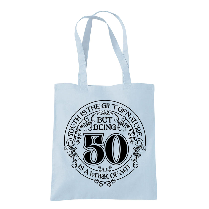 Being 50 is a Work of Art 50th birthday tote bag in pastel blue
