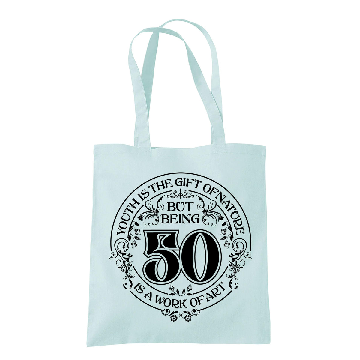 Being 50 is a Work of Art 50th birthday tote bag in pastel mint