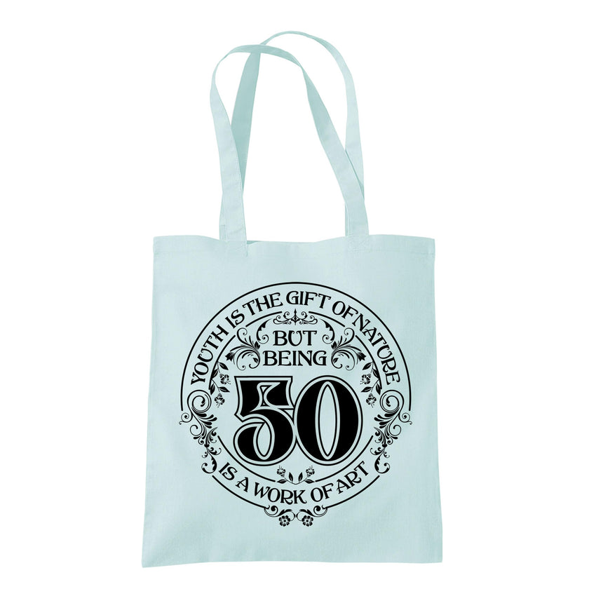 Being 50 is a Work of Art 50th birthday tote bag in pastel mint