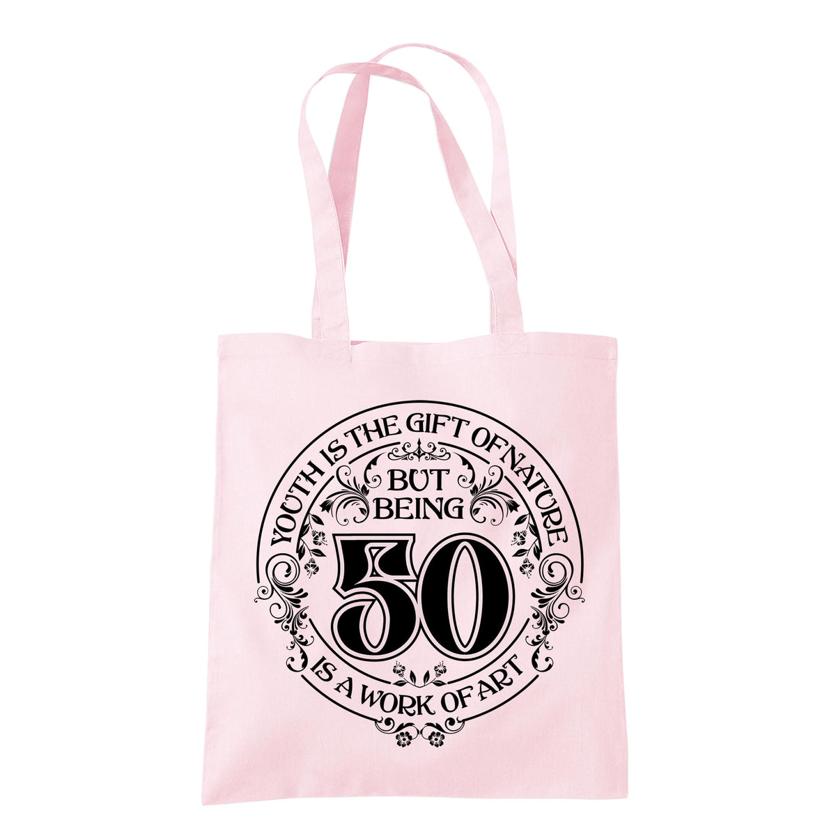 Being 50 is a Work of Art 50th birthday tote bag in pastel pink