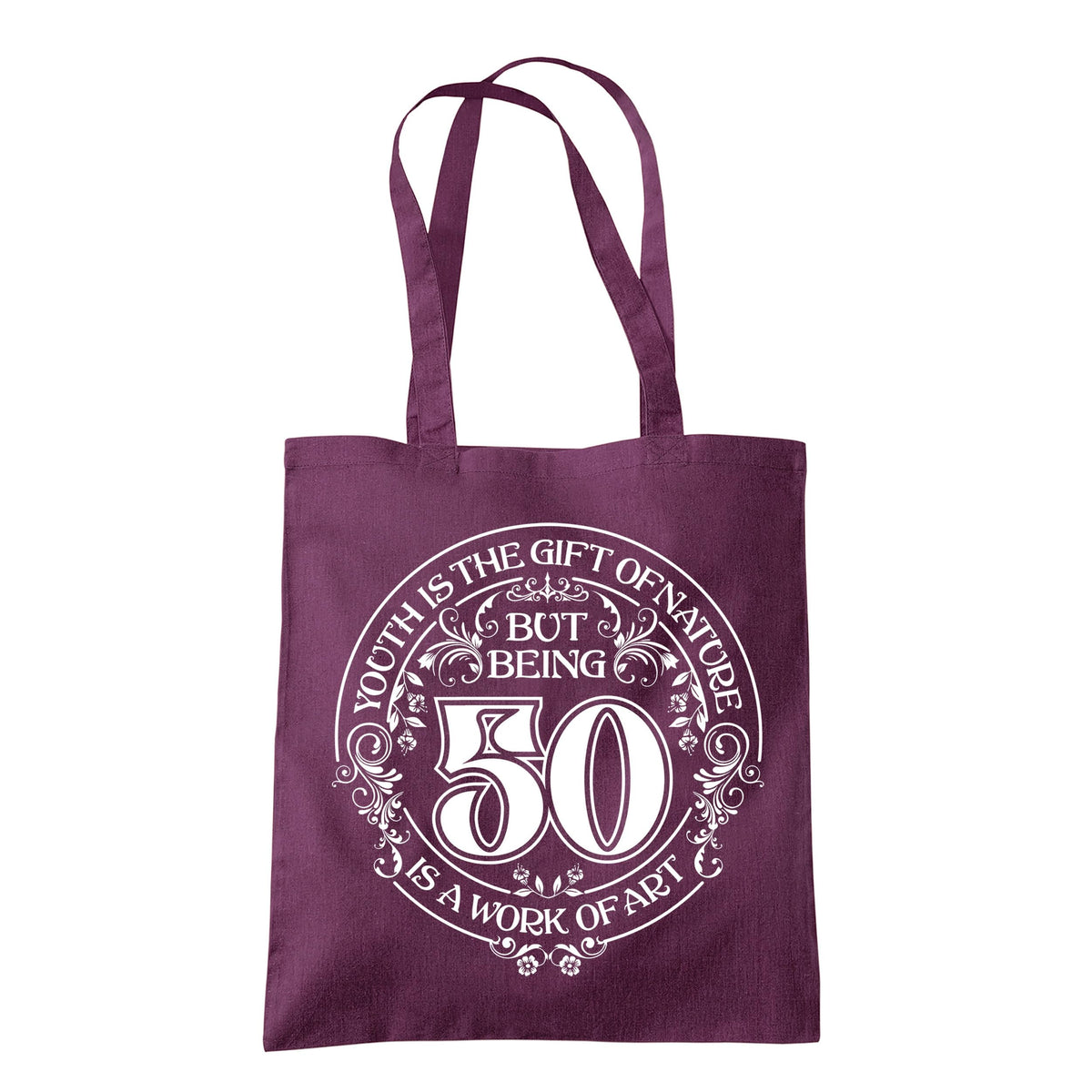 Being 50 is a Work of Art 50th birthday tote bag in plum