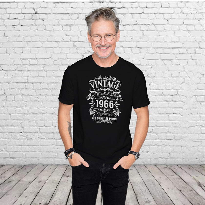 Man wearing the Vintage 1966 All Original Parts 60th birthday t-shirt in black