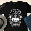 Close-up of the Vintage 1966 All Original Parts print on a black 60th birthday t-shirt