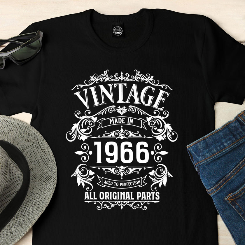 Close-up of the Vintage 1966 All Original Parts print on a black 60th birthday t-shirt