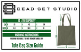 Tote bag size guide with dimensions and washing instructions