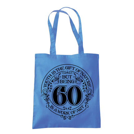 Being 60 is a Work of Art 60th birthday tote bag in cornflower blue