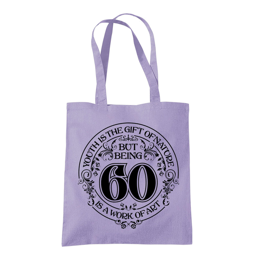 Being 60 is a Work of Art 60th birthday tote bag in lavender