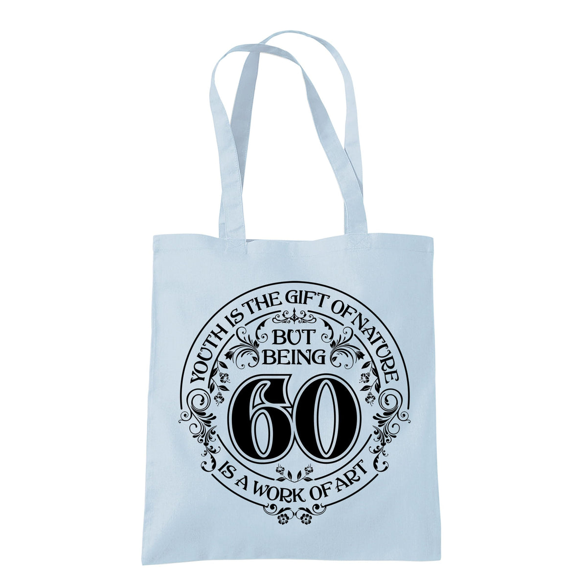 Being 60 is a Work of Art 60th birthday tote bag in pastel blue