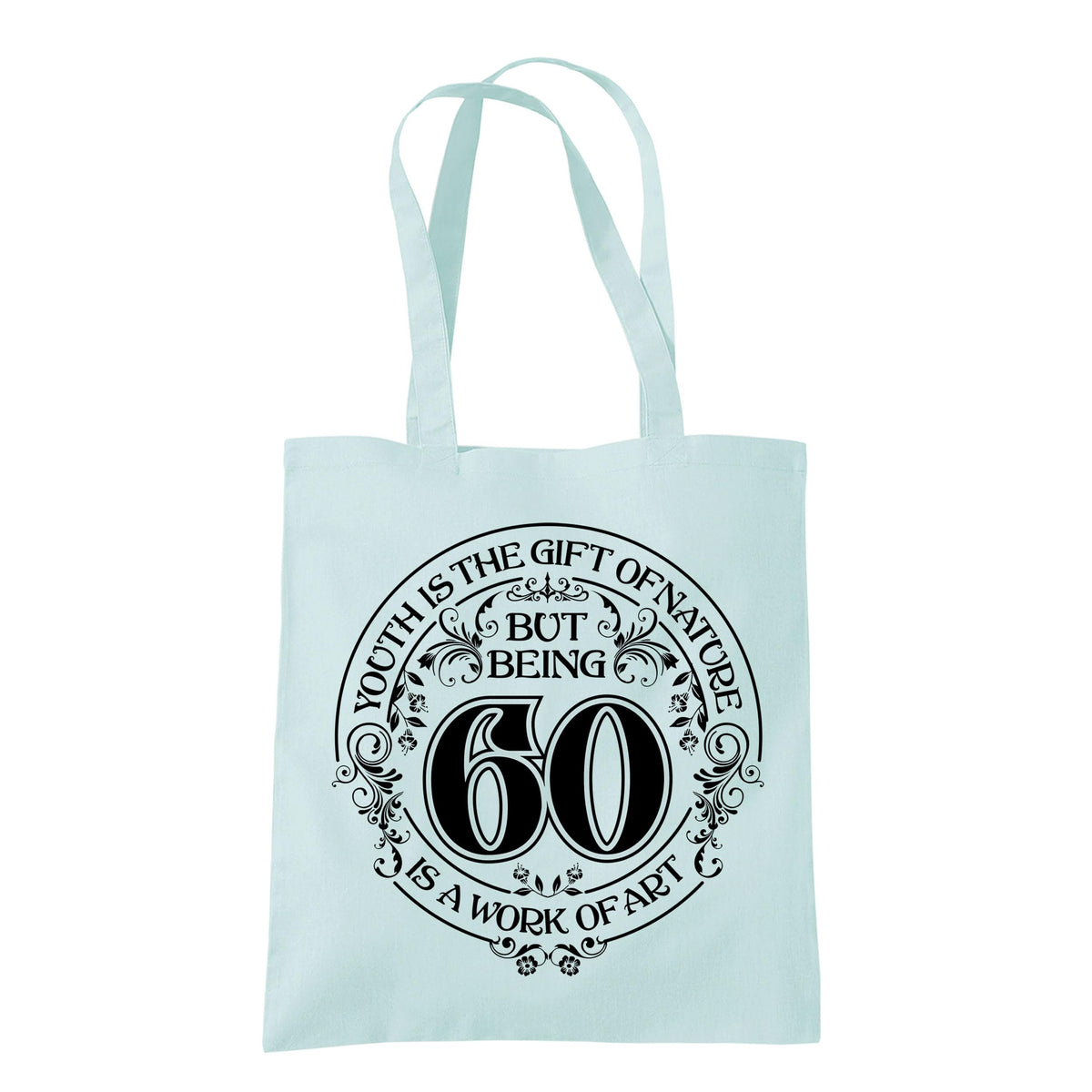 Being 60 is a Work of Art 60th birthday tote bag in pastel mint