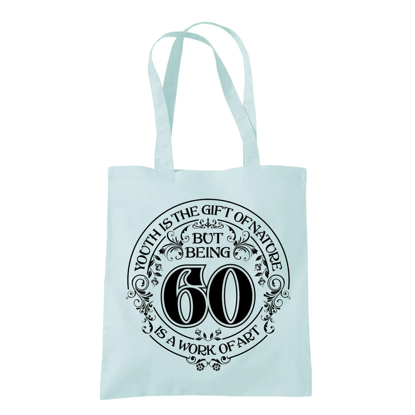 Being 60 is a Work of Art 60th birthday tote bag in pastel mint