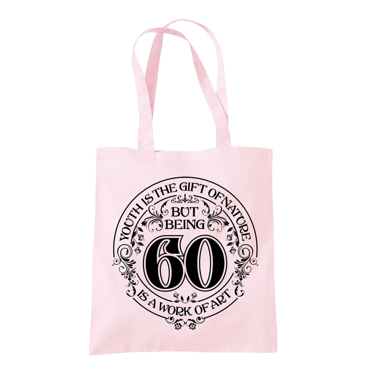 Being 60 is a Work of Art 60th birthday tote bag in pastel pink