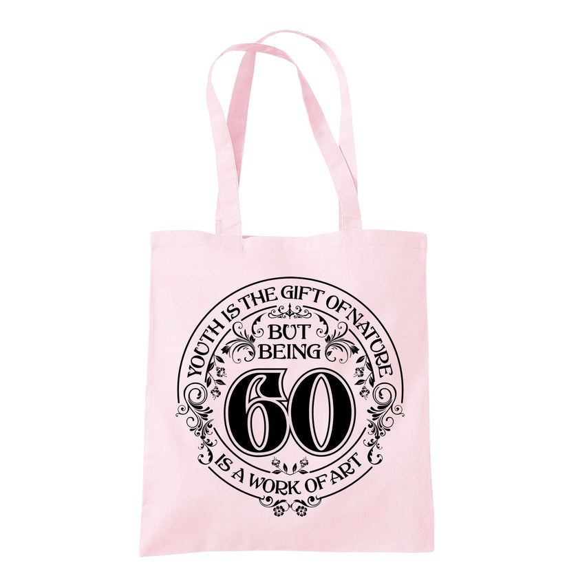 Being 60 is a Work of Art 60th birthday tote bag in pastel pink