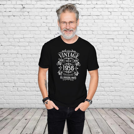 Man wearing the Vintage 1956 All Original Parts 70th birthday t-shirt in black