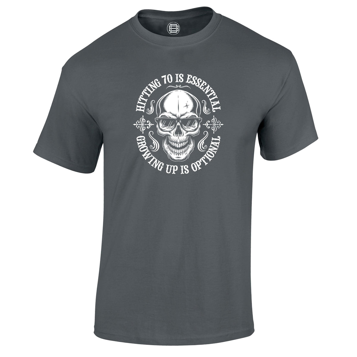 Hitting 70 is Essential 70th birthday t-shirt in charcoal