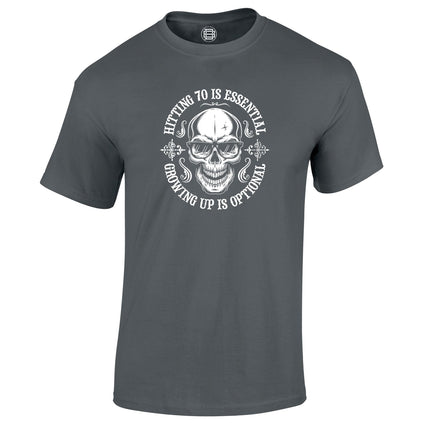 Hitting 70 is Essential 70th birthday t-shirt in charcoal