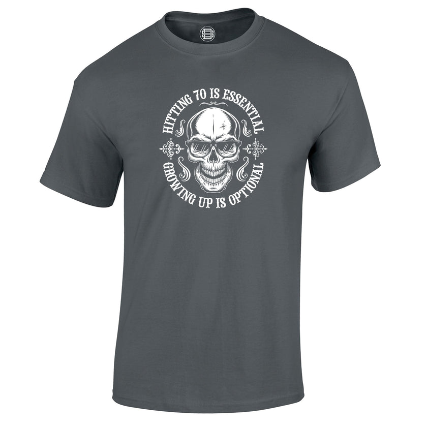 Hitting 70 is Essential 70th birthday t-shirt in charcoal