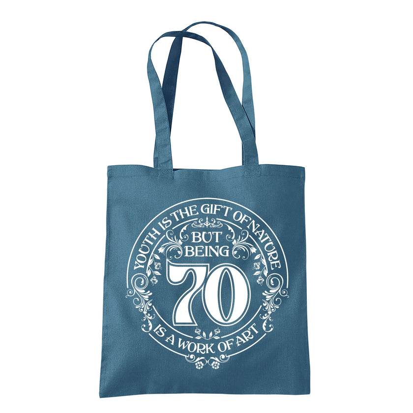 Being 70 is a Work of Art 70th birthday tote bag in airblue