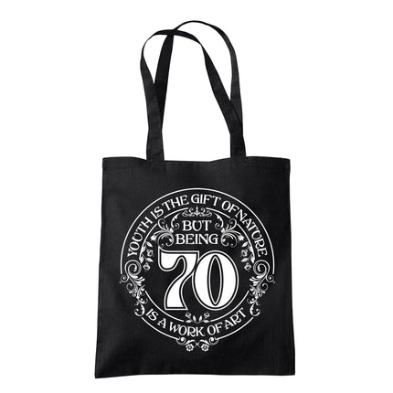 Being 70 is a Work of Art 70th birthday tote bag in black