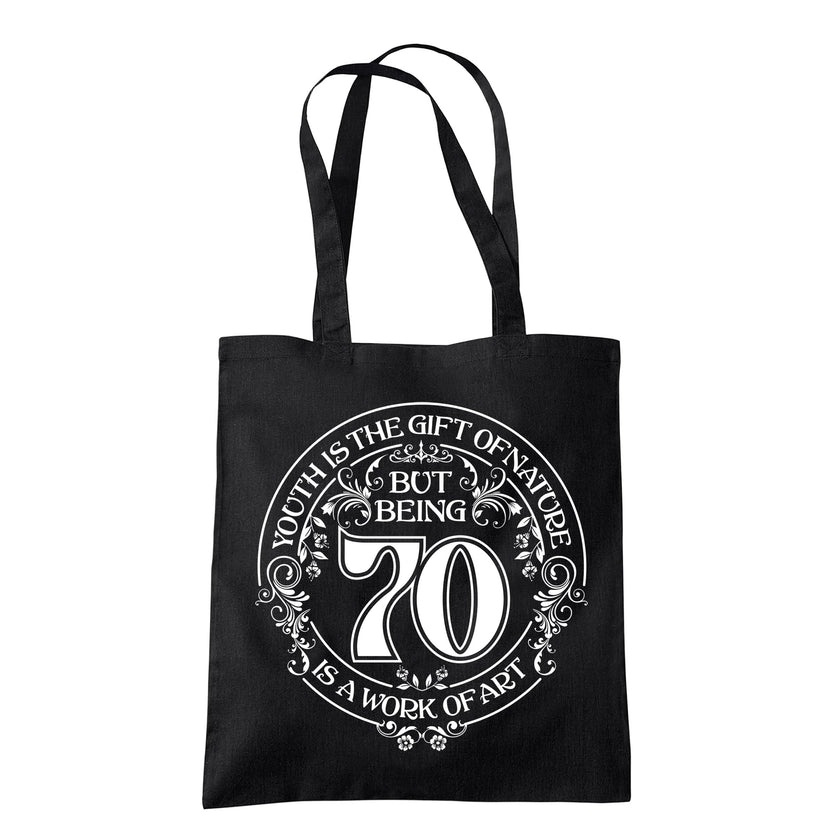 Being 70 is a Work of Art 70th birthday tote bag in black