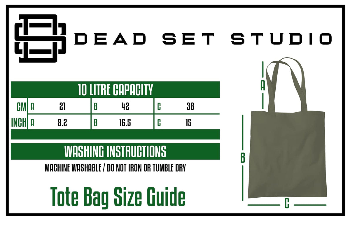 Tote bag size guide with dimensions and washing instructions
