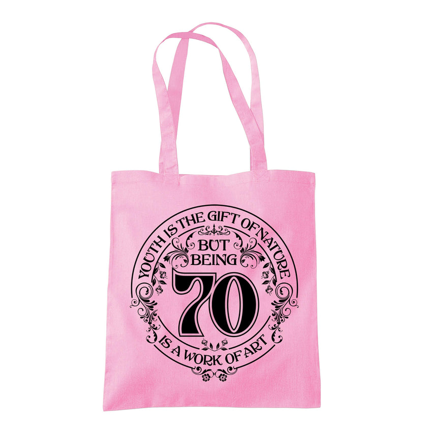 Being 70 is a Work of Art 70th birthday tote bag in classic pink