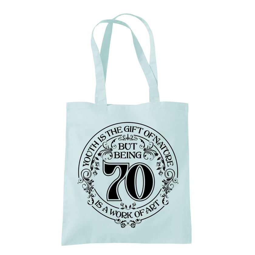 Being 70 is a Work of Art 70th birthday tote bag in pastel mint
