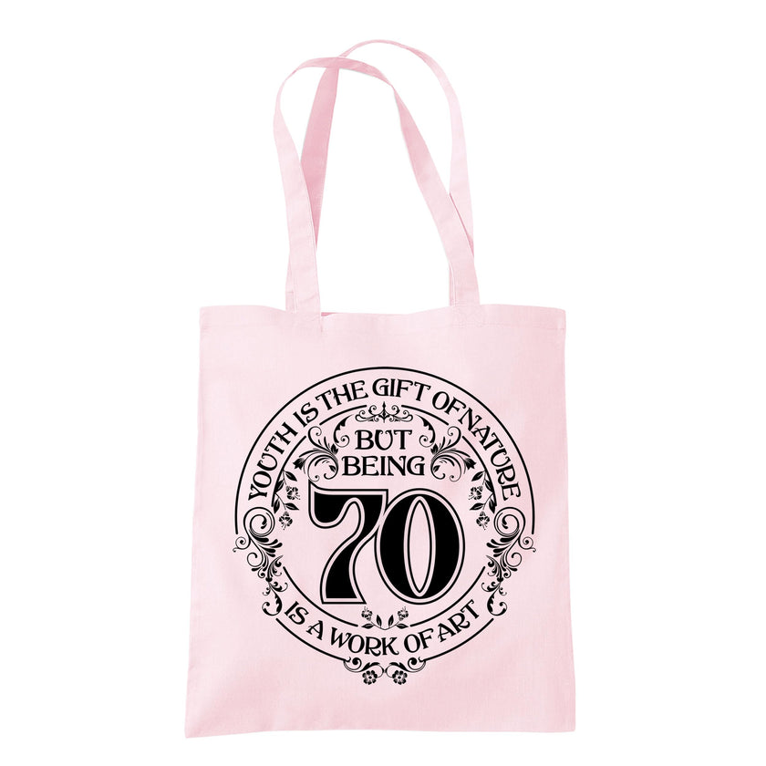 Being 70 is a Work of Art 70th birthday tote bag in pastel pink