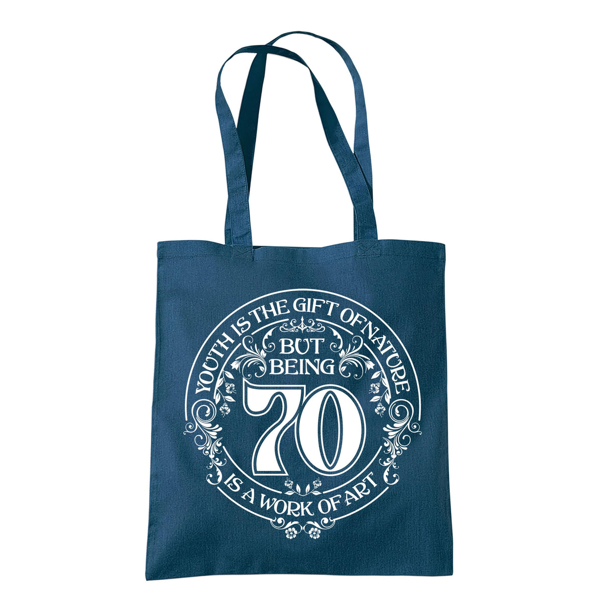 Being 70 is a Work of Art 70th birthday tote bag in petrol