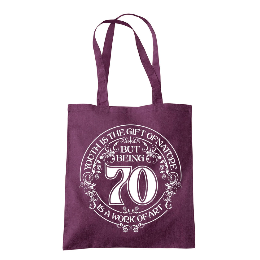 Being 70 is a Work of Art 70th birthday tote bag in plum