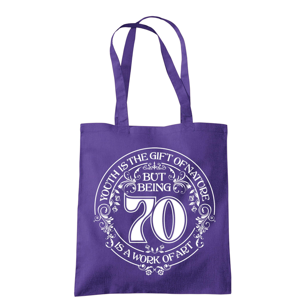 Being 70 is a Work of Art 70th birthday tote bag in purple