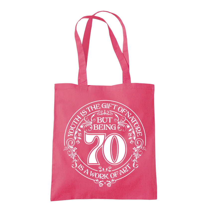 Being 70 is a Work of Art 70th birthday tote bag in raspberry pink