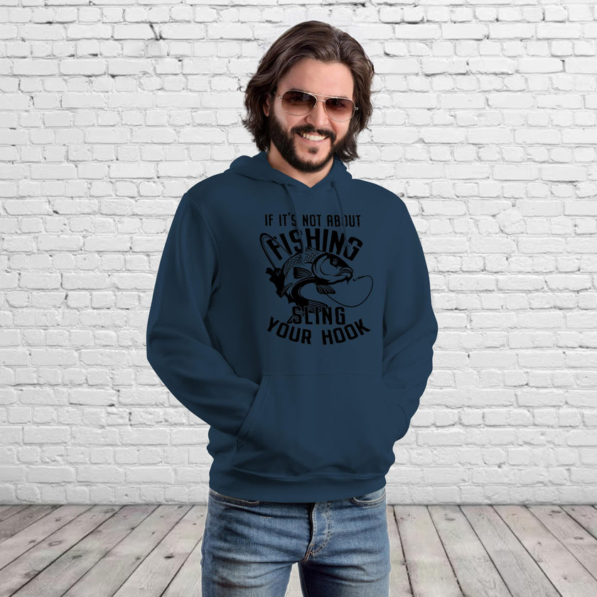 Man wearing the Sling Your Hook carp fishing hoodie in airforce blue