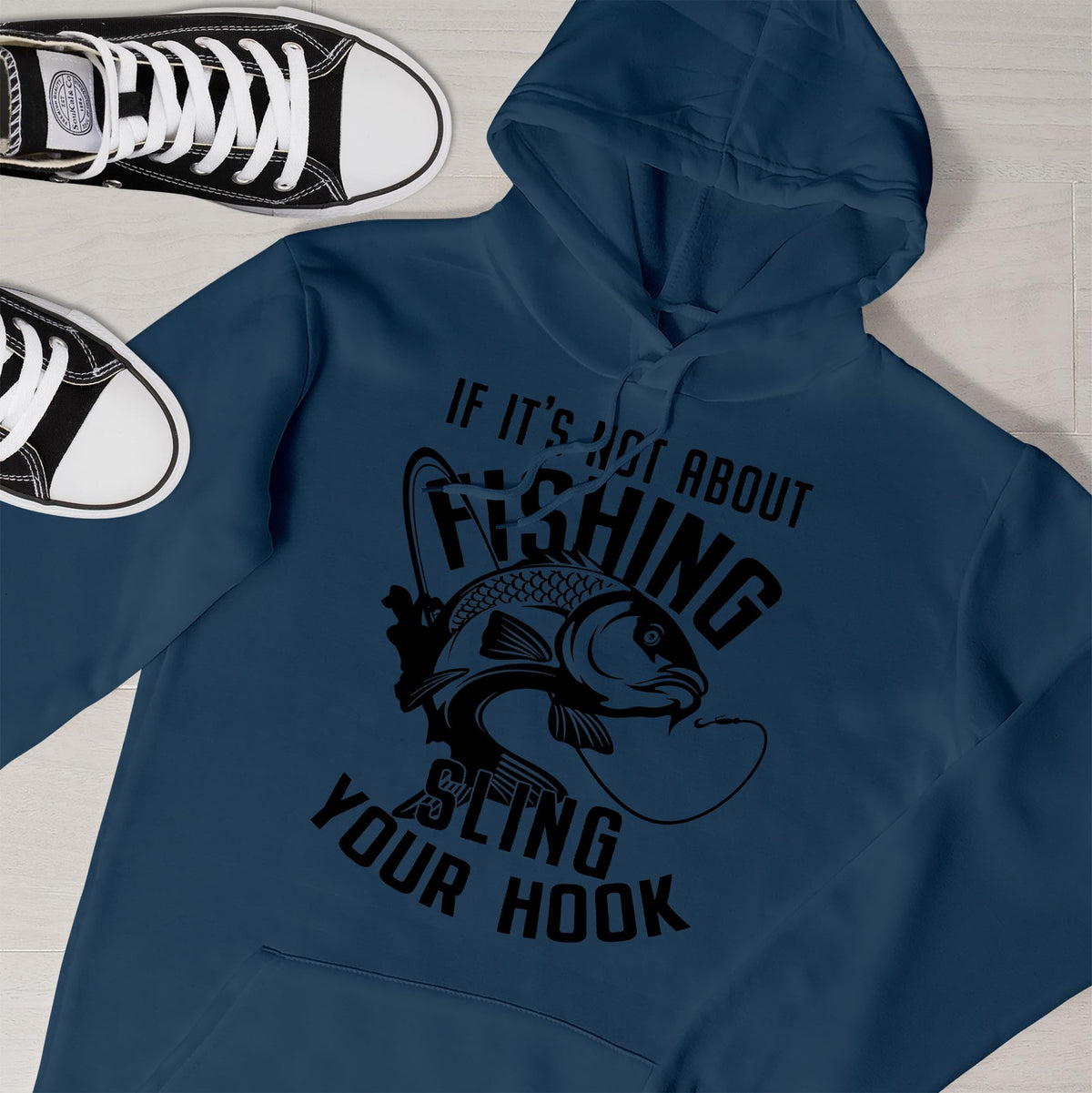 Close-up of the Sling Your Hook print on an airforce blue carp fishing hoodie