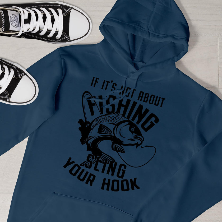 Close-up of the Sling Your Hook print on an airforce blue carp fishing hoodie