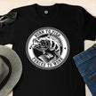 Close-up of the Born to Fish print on a black carp fishing t-shirt