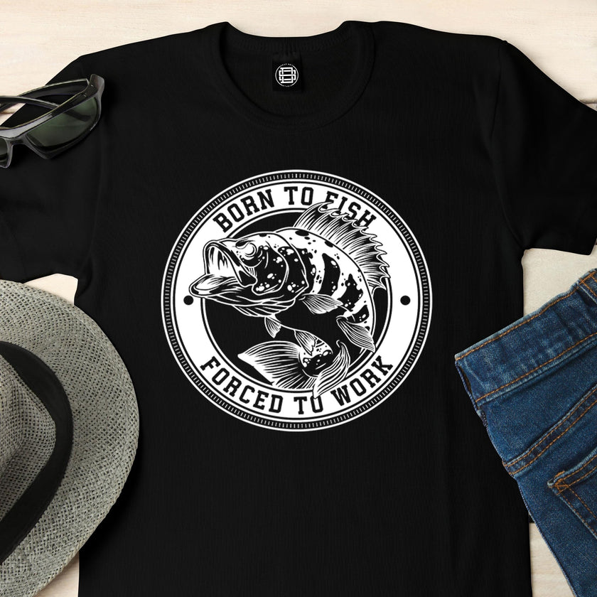 Close-up of the Born to Fish print on a black carp fishing t-shirt