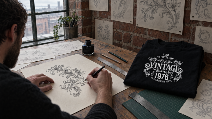 Designer inking Victorian scroll flourishes at a Sheffield studio desk beside a folded Vintage 1976 Aged to Perfection tee