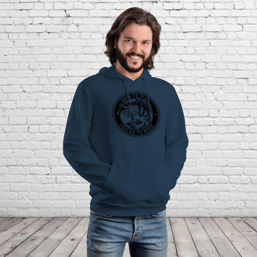 Man wearing the Born to Fish fishing hoodie in airforce blue