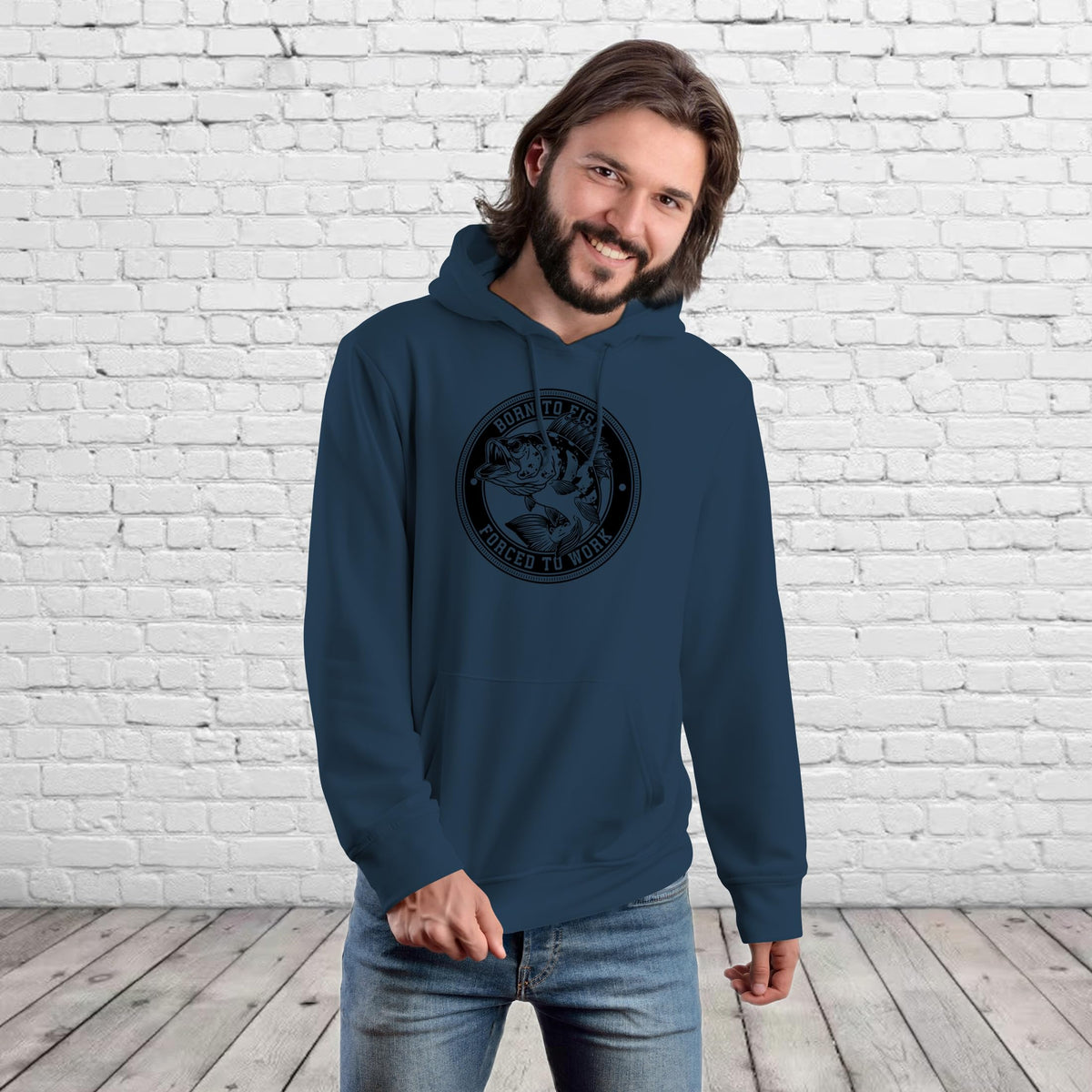 Smiling man in the airforce blue Born to Fish fishing hoodie