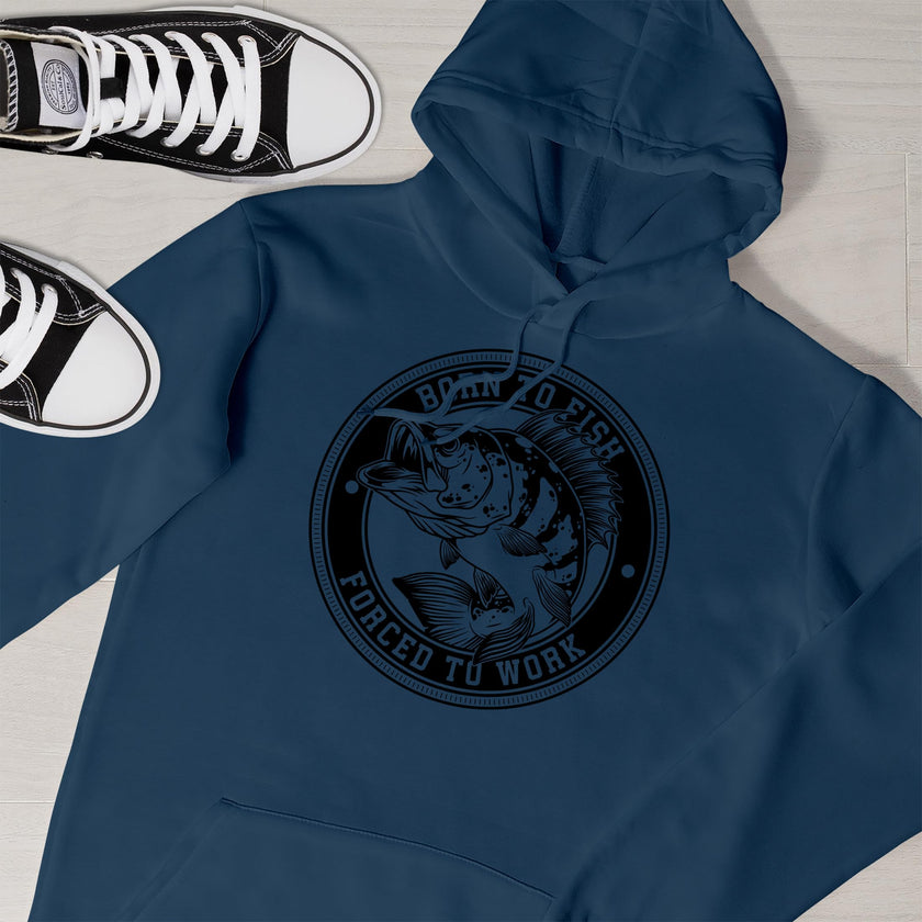 Close-up of the Born to Fish print on an airforce blue fishing hoodie