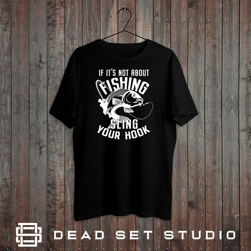 Sling Your Hook fishing t-shirt in black on a rustic wood background