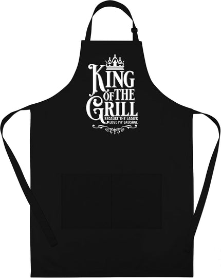 King of the Grill funny BBQ apron for men in black cotton with crown print